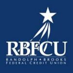 A blue and white logo of randolph brooks federal credit union.